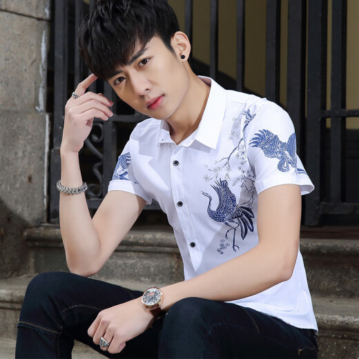 Suowanyi (Suowanyi) Camisa de manga corta de verano para hombres Estilo coreano y camisa de pulgada blanca estampada de moda 826 White M 90-105Jin [Jin equivale a 0.5 kg]
