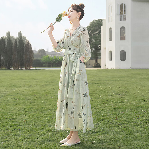 丝柏舍印花连衣裙2025春夏新款女装V领七分袖高腰度假风大摆裙