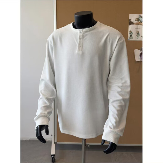 Si Yan high-end gray American cleanfit Henry shirt men's waffle long-sleeved T-shirt right shoulder small neckline bottoming sweatshirt black XL135-150Jin Jin equals 0.5 kg one size