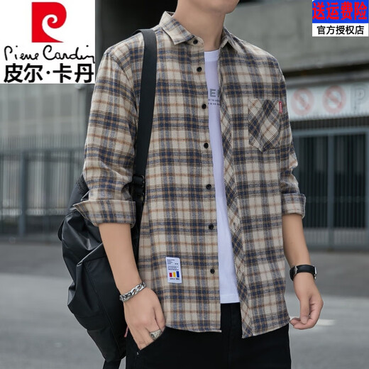 Pierre Cardin 2025 spring and autumn pure cotton shirt men's long-sleeved youth plaid cotton non-iron shirt trendy brand loose casual jacket 2111 green and yellow plaid recommended 125-145Jin Jin equals 0.5 kg XL