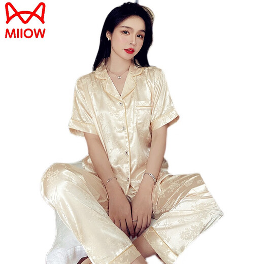 猫人冰 丝睡衣女士夏季丝绸薄款短袖长裤加大码200斤家居服感套装 695#水墨画三件套装 L (建议100-115斤)