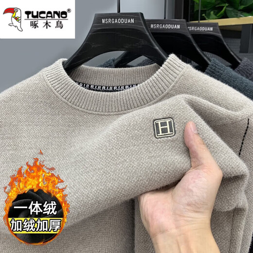 Woodpecker integrated velvet high-end round neck sweater for men's autumn and winter style plus velvet thickened warm base knitted sweater clothes 10749/9906 black [plug thickened] XL