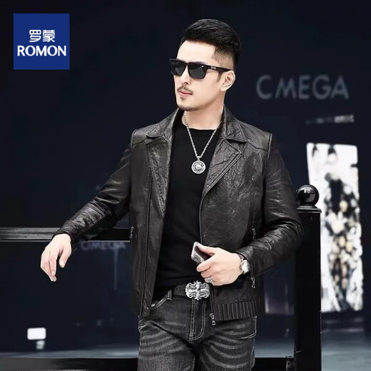 ROMON genuine leather leather jacket for men spring and autumn style Haining sheepskin slim motorcycle suit collar leather jacket casual jacket men black-single leather 2XL size 180-140-155Jin [Jin equals 0.5 kg]