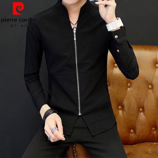 皮尔卡丹（pierre cardin）男士衬衫长袖春秋唐装盘扣中式立领外套中国风休闲衬衣高级感男装 白色9903拉链立领衬衫 M 【80-105斤】