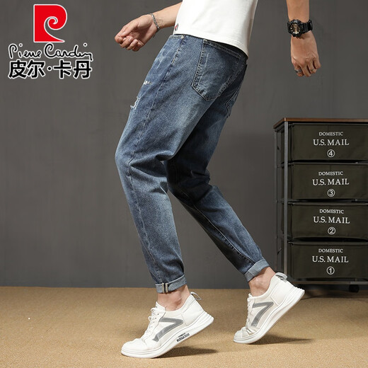 皮尔卡丹（pierre cardin）烟灰色牛仔裤男秋季2025新款弹力宽松休闲春秋修身小脚九分裤男士 6621黑色长裤 29 (推荐105-115斤)