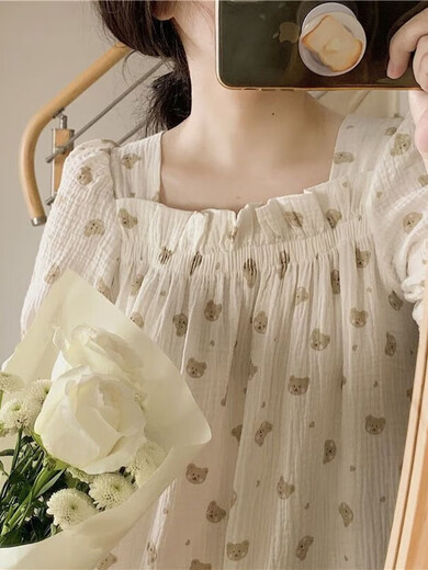 
Huilie Korean sweet and cute little bear cotton yarn nightgown women's 2024 new summer day short-sleeved pajamas dress home QS skirt #9871 (with chest pad) M recommended 80-100Jin [Jin equals 0.5 kg] wear equal size