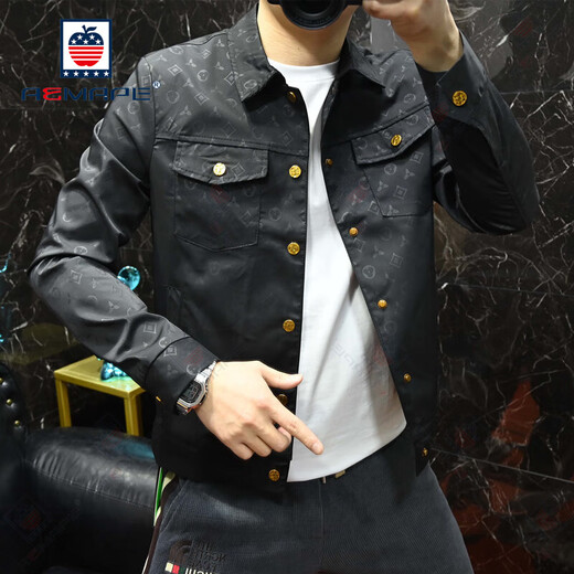 AEMAPE Jacket Men's 2025 Spring y otoño Nuevo solapa impresa de alta calidad de alta calidad de mediana edad y jóvenes tendencia de chaqueta delgada y guapo Black 1047 2XL 150-160Jin [Jin iguala 0.5 kg]