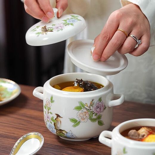 Lowe Jingdezhen bone china double-eared pure white bowl bird's nest and sea cucumber water-proof stew pot earthenware pot ceramic steamed egg bowl with lid for home use Qinse and Ming medium stew pot (550ml)