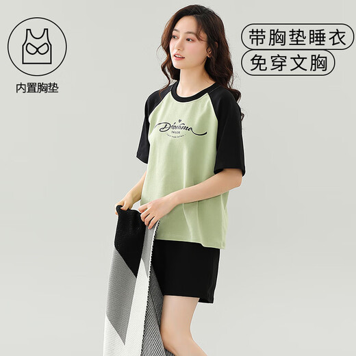 都市丽人带胸垫一体纯棉睡衣女夏款短袖短裤韩版甜美加大码夏天家居服套装 带胸垫短袖套装-G1047 M 女【建议80-100斤】