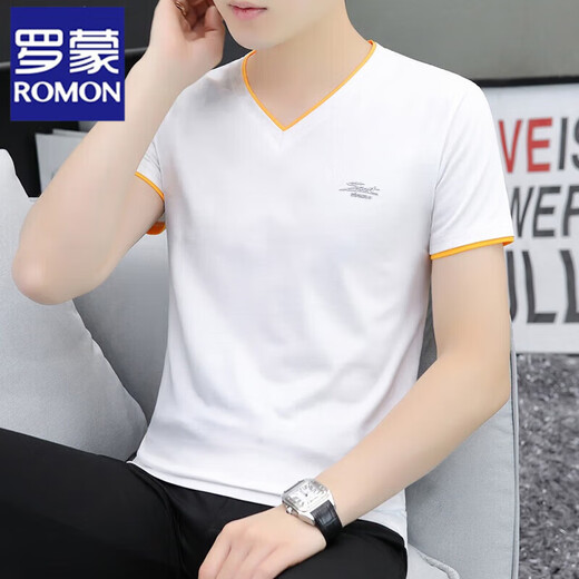 罗蒙（ROMON）青年棉v领半袖t恤男士夏季新款男士新款纯色鸡心领短袖t恤衫帅气 白色 QY691 M 90-斤