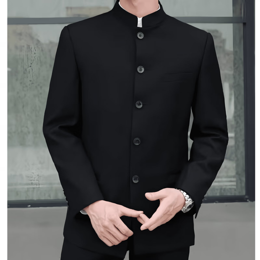 La voz del traje de traje de hombres Chouzhizhongshan para un joven de soporte de soporte delgado de ajuste delgado de estilo chino Vestido de regalo de regalo de regalo chino + camisa negra + pantalones negros (cinturón de regalo) 3xl