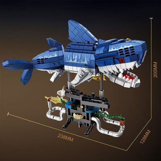 Compatible building blocks, frost dragon model, high difficulty assembled toys, dinosaur boys' birthday, New Year, Christmas gift, mechanical shark + hand-crank base + 687 pellets