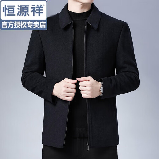 恒源祥中老年毛呢大衣男短款翻领秋冬季男士羊毛呢子外套爸爸装夹克男装 黑色 3XL 185