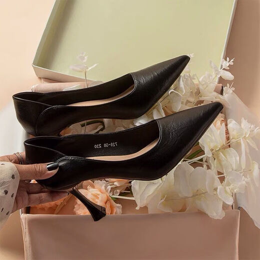 
Zhenxi French pointed toe thin heel single shoes for women's black soft leather high heels comfortable temperament versatile professional work shoes etiquette black 6cm 38 heels can be stepped on