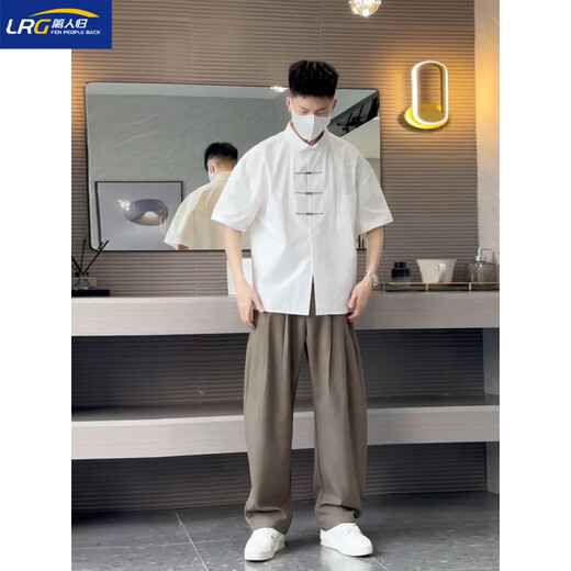 Li Rengui cold style suit men's new Chinese style short-sleeved shirt and trousers summer suit cool salt style two-piece set two-piece set white shirt + brown pants L 120-135 Jin Jin equals 0.5 kg can be worn