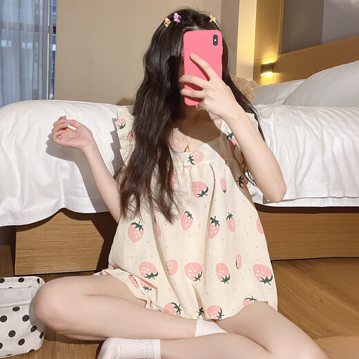 Langsha (Langsha) gewebter Hosenträger-Pyjamas für Frauen im Sommer 2025 Neues japanisches süßes loses Mädchen Sommer-Kleidungsstück Set 841-23 2xl [135-160Jin [Jin ist gleich 0,5 kg]]