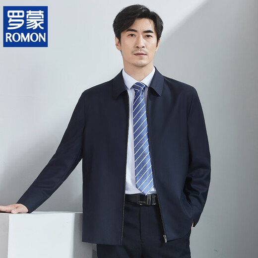 罗蒙（ROMON）春秋精纺羊毛含桑蚕丝夹克男行政正装开会上班商政茄克男外套 藏青色羊毛JT6218-1 L 175/92A