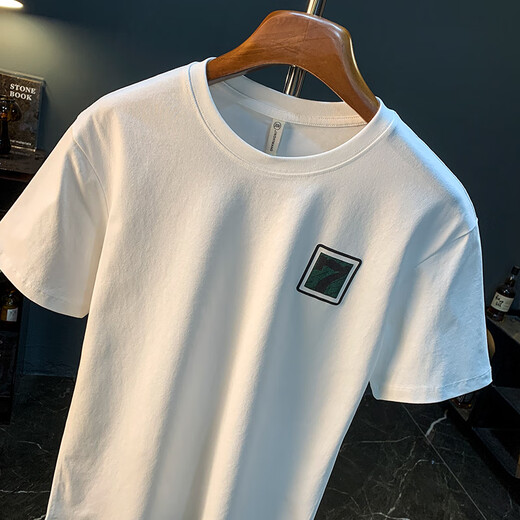 Qianji (QIANJI) high-end short-sleeved T-shirt for men in summer loose large-size five-point sleeve T-shirt 2025 new trend printed top for men white [JSW9920] XL suitable for 124-140Jin [Jin equals 0.5 kg] wear