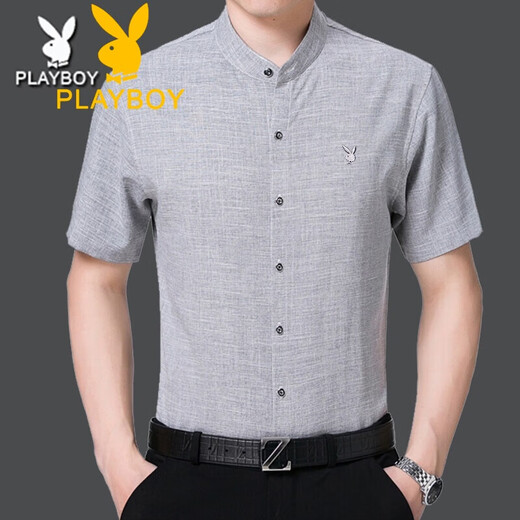 花花公子（PLAYBOY）中年男棉麻立领短袖衬衫衣夏季薄款宽松大码商务爸爸装圆领衬衣寸 浅兰 Z6636格子浅兰 S 165/84A
