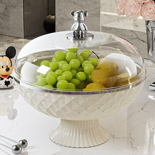 FANCYCHIC European-style fruit plate with lid, light luxury household exquisite fruit plate, drainable fruit basket, living room coffee table, fruit bowl, large capacity, deepened and resistant to falling - Glacier White, Golden Bear Handle