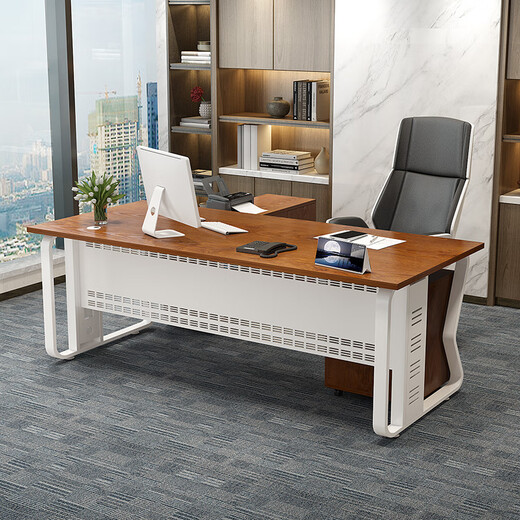 Fu Mei desk boss desk modern simple steel wood executive desk leader desk president manager desk computer desk and chair combination light walnut desktop + white shelf 120*60 single table thickened 25mm desktop