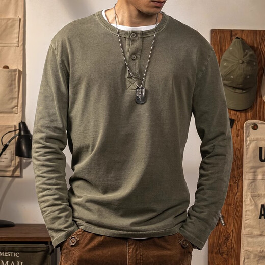 JEEP SPIRIT genuine Jeep high-end T-shirt for men American retro washing and old cotton Henry collar solid color base shirt top for men 829 military green T-shirt XL code reference 153~172Jin [Jin equals 0.5 kg]