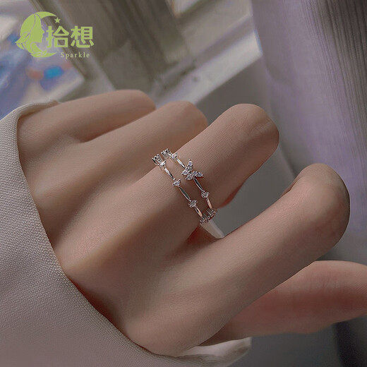 Shixiang Girls Single Ring High-end Exquisite 925 Sterling Silver Butterfly Double Layer Women's Light Luxury Sparkling Diamond Ring Cold Wind Open Double Layer Butterfly Open Ring - Full Body S925 Silver