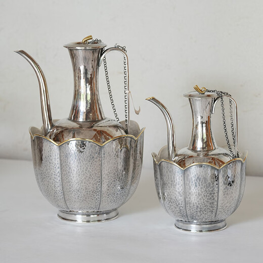 Century-old Lu Yi sterling silver wine warmer and wine dispenser, high-end liquor dispenser, antique style, high-looking, light luxury style, large wine jug & large wine warmer & 6 silver wine glasses for home use