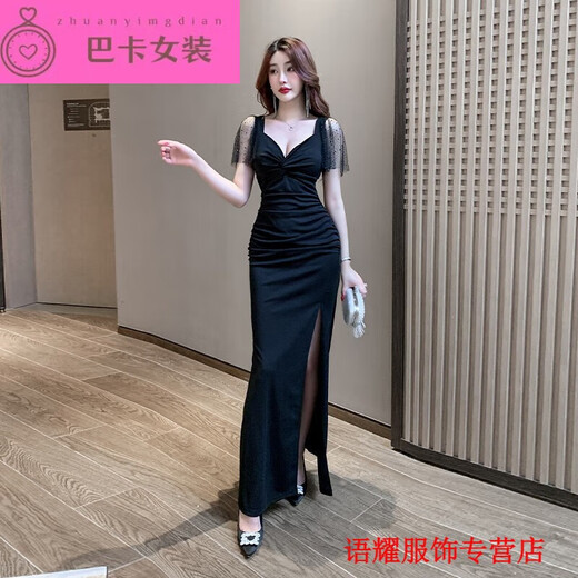 Njtd neuer sexy flüssiges Feld langer Rockbad Sauna Techniker Temperament Abendkleid Lange Bar Arbeit Kleidung b3883 schwarz m