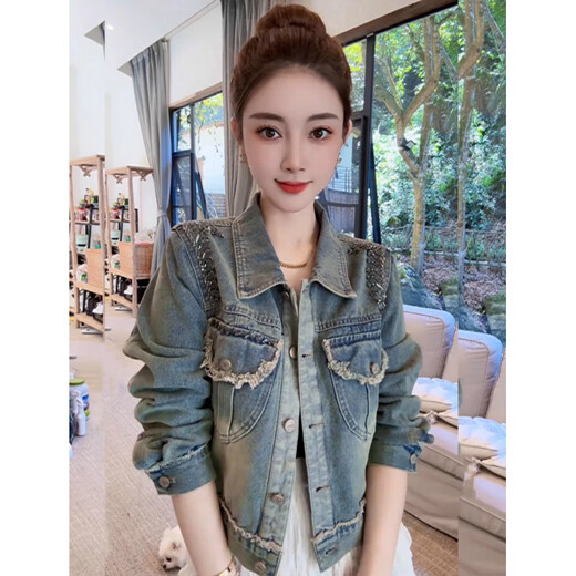 Girls 2025 Automne Nouveau design européen avec un bord brisé Pift Craft Diamond Backle Denim Jacket Retro Veste Retro Top Blue M