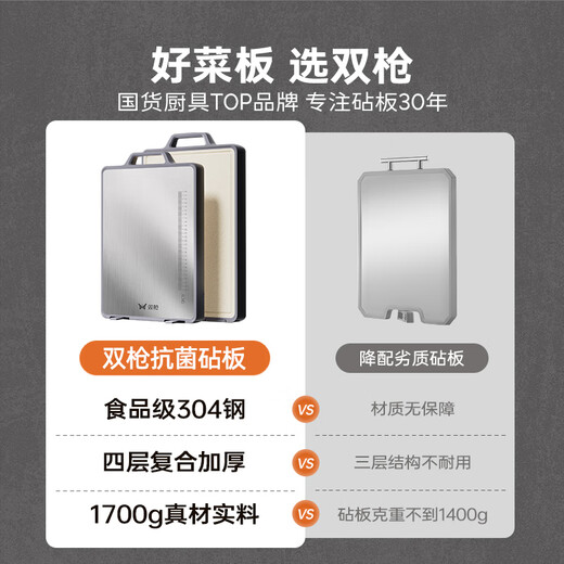 双枪菜板 抗菌家用加厚食品级不锈钢砧板案板防霉切菜板41*27.5*1.8cm
