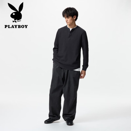 
Playboy (PLAYBOY) Men's and Women's Couple Wear Waffle Henry Collar Pullover Long Sleeve T-shirt Solid Color 475353/09 Black 2XL 185/112C