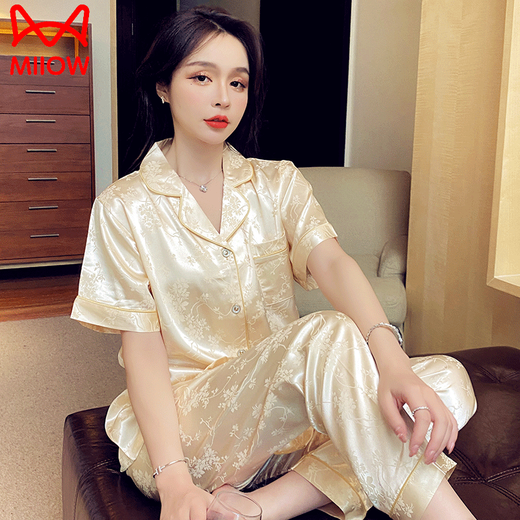 猫人冰 丝睡衣女士夏季丝绸薄款短袖长裤加大码200斤家居服感套装 695#水墨画三件套装 L (建议100-115斤)
