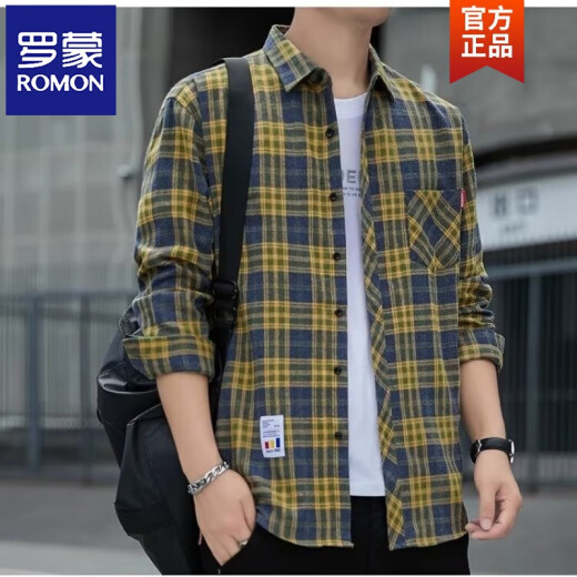 ROMON plaid casual shirt men's spring and autumn long-sleeved shirt Korean top retro loose summer thin jacket K12109 green (with fleece XL 125-145Jin [Jin equals 0.5 kg]
