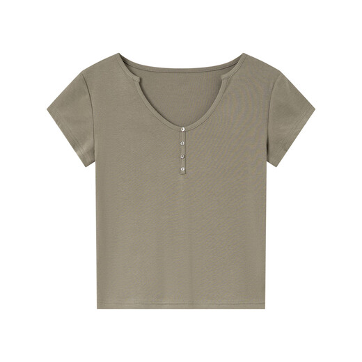 梵希蔓纯色正肩U领短袖T恤女2025年夏季新款简约百搭修身显瘦上衣 M9731 灰绿色 XL