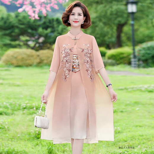 皮尔卡丹（PIERRE CARDIN）胖妈妈夏装旗袍连衣裙子夏季雪纺裙大码2025新款中年女夏款洋气质 6628卡其 XL 建议115斤以内
