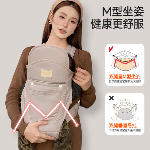 芬也宝宝背带婴儿前抱式抱娃解放双手多功能袋鼠妈咪育儿仓 浅绿色秋冬款双肩横抱