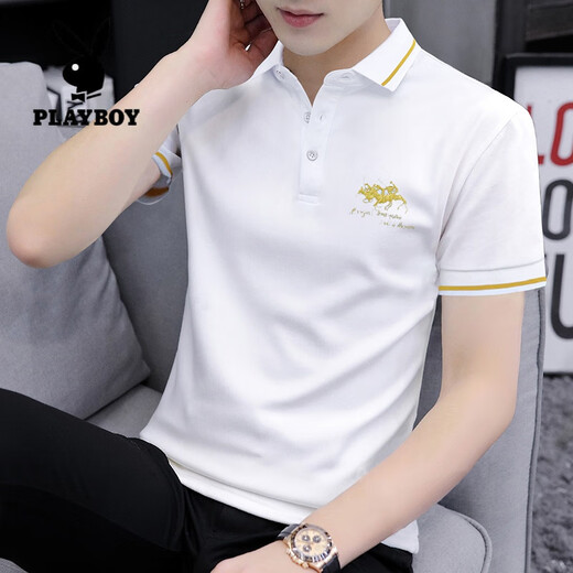 Playboy (Playboy) Футболка с короткими рукавами для мужской модной марки с вышитой маркой Пол модный универсальный тонкий лацвет сплошной цветной рубашка поло