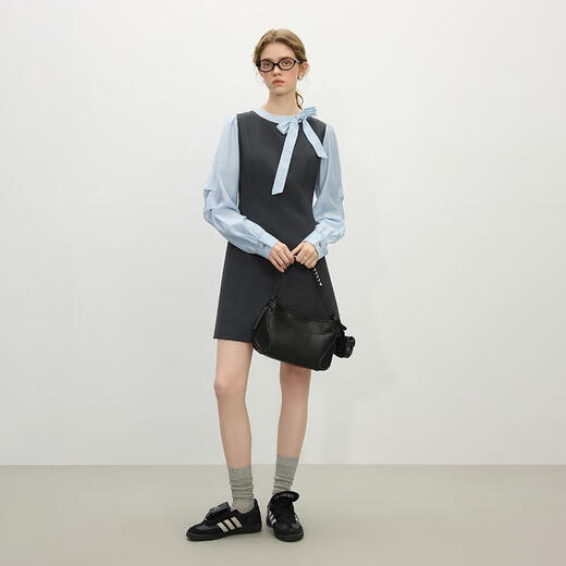 Fan silanen coréen faux robe d'épissage en deux pièces pour femmes 2025 vêtements de printemps nouvelles jupe de style académie Qianjin 1291 Blue Gray M