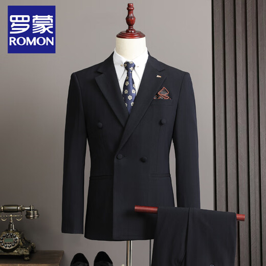 罗蒙（ROMON）高级感双排扣条纹西服套装男商务正装新郎伴郎结婚礼服西装三件套 深棕色【三件套】+衬衫 送领带 52【120-135斤穿】 XL