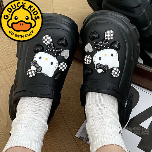 G·DUCK KIDS儿童拖鞋夏季新款厚底洞洞鞋女凯蒂猫增高防滑软底包头拖鞋 白色+粉蝴蝶结猫[厚底7.0]EVA 36 -37[适合35-36]