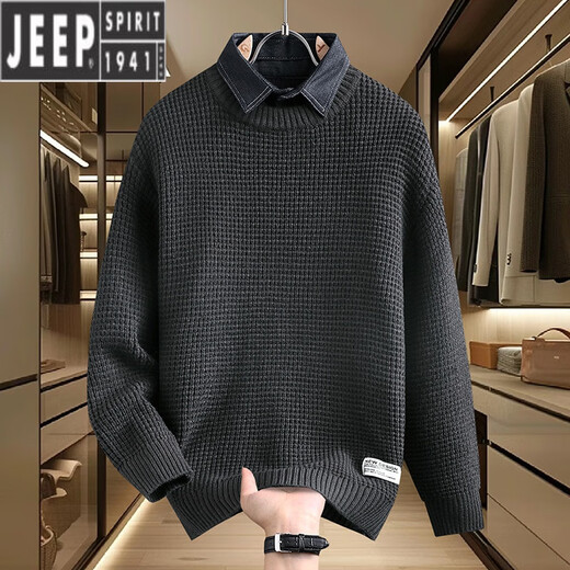 JEEP SPIRIT假两件毛衣男秋冬季2024新款套头线衣服加厚保暖衬衫领打底针织衫 M9905咖啡色 (约90~110斤可穿) M