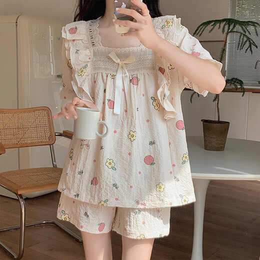 
LangSha pajamas for women in 2025 summer new spring and autumn floral cardigan sweet girl short-sleeved summer home wear suit M1283 blue [main picture] L [recommended 100-120Jin [Jin equals 0.5 kg] wear]