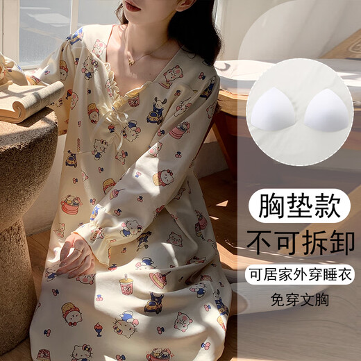 猫人春秋季天2025新款长袖卡通女士睡裙带胸垫一体大码睡衣孕妇家居服 16857 不带胸垫 (建议体重80-100斤) M