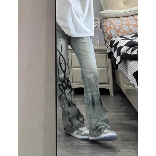 7 hochwertige amerikanische High Street-Waschen und alte Jeans-Flammdruckdesign Gerade schlanker Vibe Micro-Flare Hosen Trendy DDD-689# Gelbe Schlammfarbe 3xl