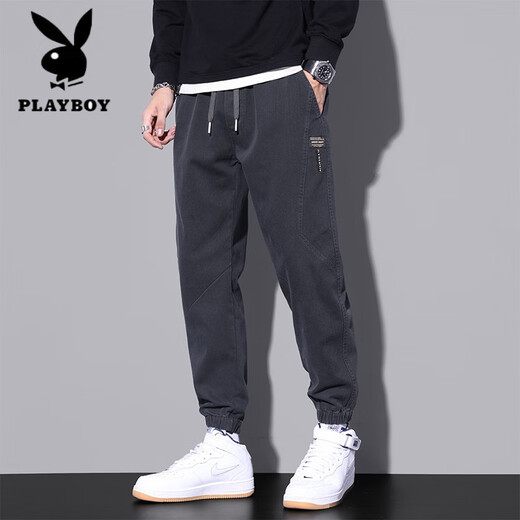 花花公子（PLAYBOY）2025春秋新款男士束脚休闲裤青少年百搭休闲裤潮流日常学生休闲裤 黑色9859 M