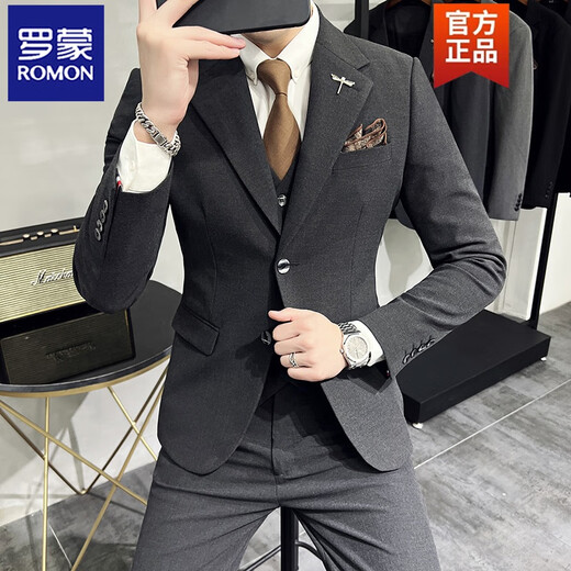ROMON Commuting Business Large Size Solid Color Two-button Suit Suit Men's Wide Collar Korean Style Slim Suit Three-piece Medium Gray Suit+Vest+Trousers+White Shirt 120-132Jin Jin equals 0.5 kg XL