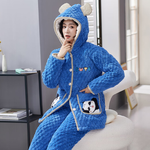 Pyjamas von BEIXINGTONG für Frauen mit dreischichtiger Baumwolle im Winter und samtdickter Korallenmerze Neues Flanell warmes Kapuze-Kleidungsstück [2 Teile) BXT-6636 XL [Vorgeschlagen 115-140jin [Jin gleich 0,5 kg]]