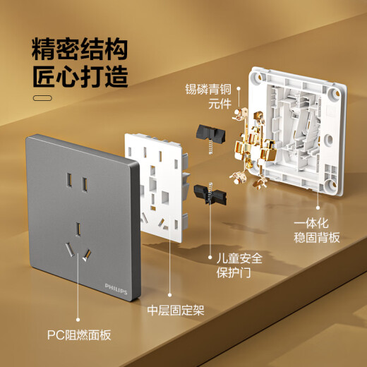 Philips (PHILIPS) switch socket panel S20 gray 86 type oblique 5 five-hole wall socket household concealed electrical electrical material two-three socket large pitch five-hole socket (10A) 10 pieces
