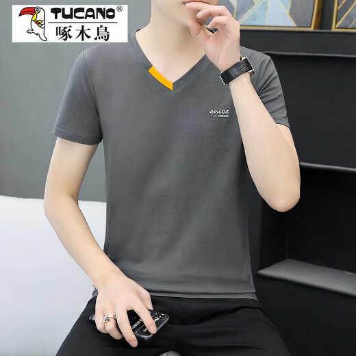 啄木鸟（TUCANO）夏季新款男士棉质V领半袖T恤潮流休闲小字母印花鸡心领短袖体恤衫 691 深灰色 L 100-120斤